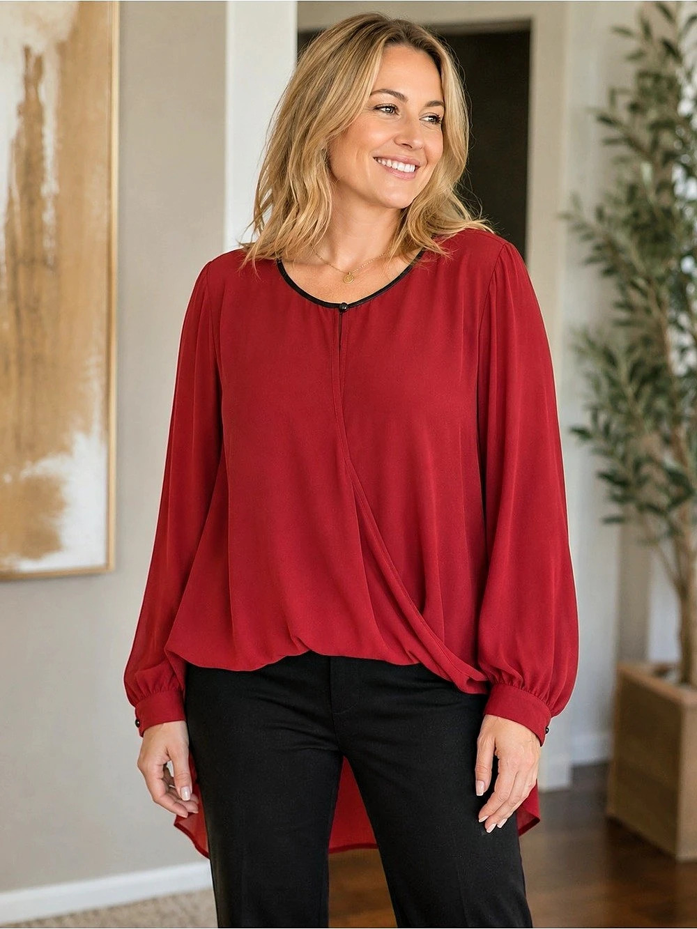 M.Studio Collection Red Burgundy Long Sleeve Blouse